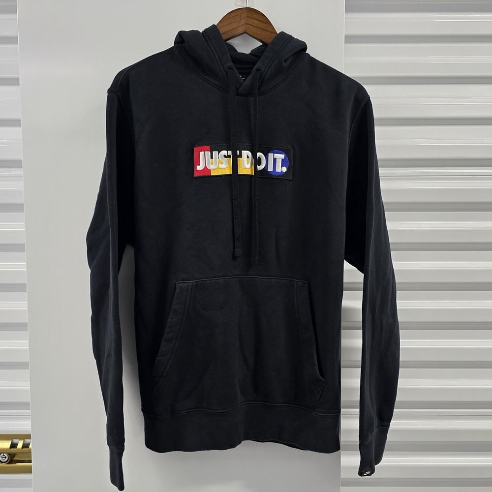 Nike Just Do It Hoodie Men's Large Black Multicolor Embroidered Patch Fleece